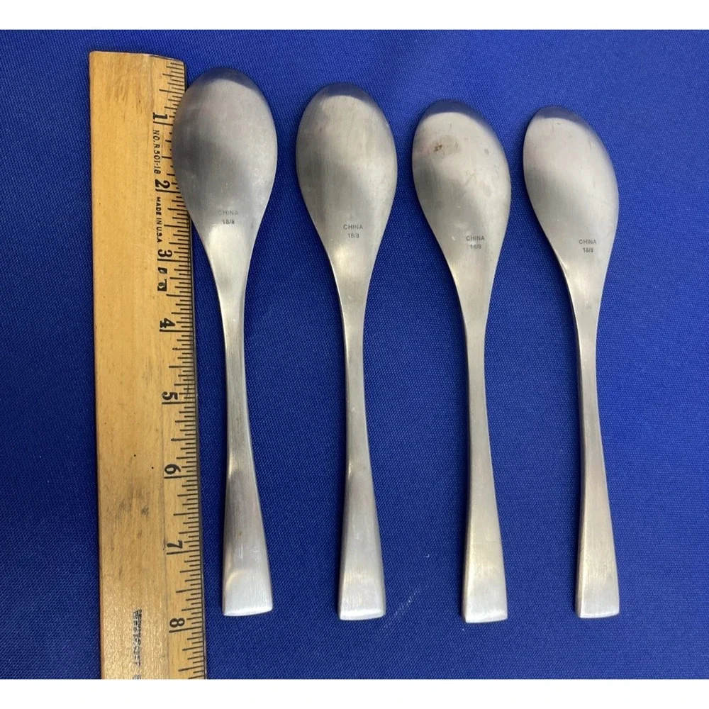 Set of 4 Satin Finish Stainless Steel Oval Soup Spoons 7-7/8